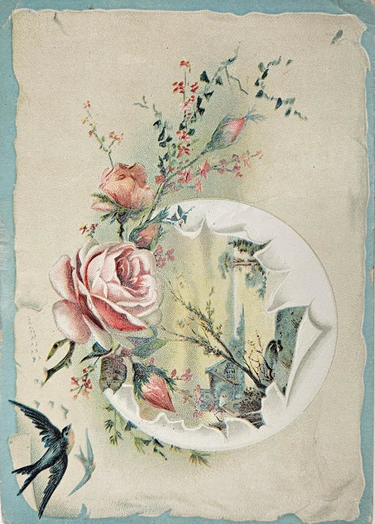 Vintage trade card with flowers, birds, and a decorative border on a textured background.