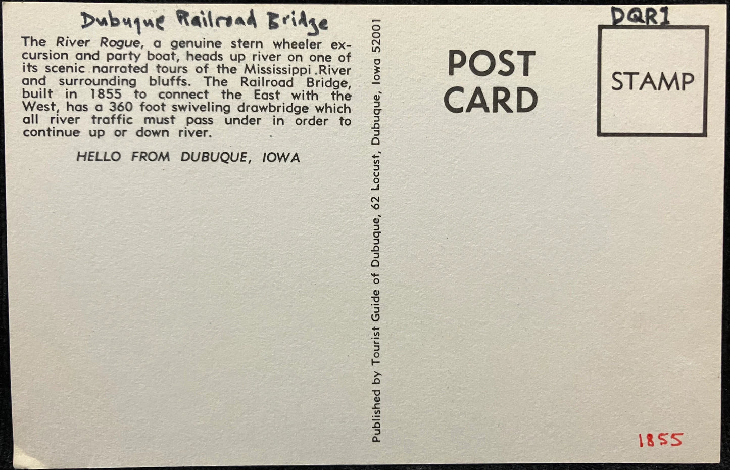 The Railroad bridge over the Mississippi River - Dubuque, Iowa - Dubuque Railroad Bridge - Vintage Bridge Postcard