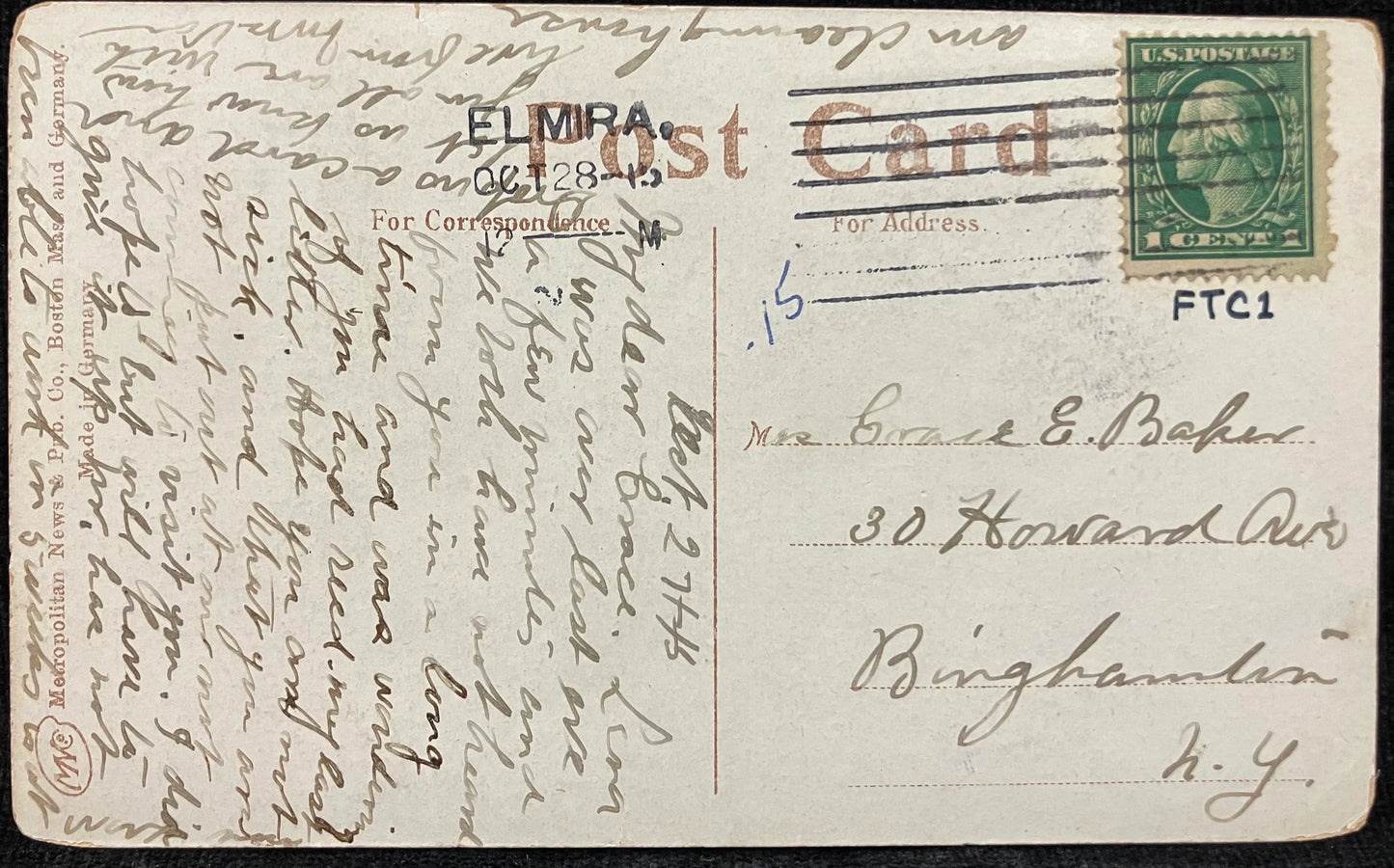 Road to Fitche's Bridge, Elmira, New York - Made in Germany - Vintage Postcard