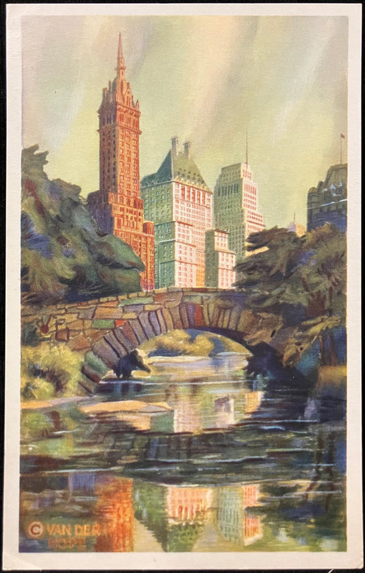 Rainy Day in Central Park, New York - Reproduced from original water color by Marcus A. Van Der Hope  - Vintage Postcard