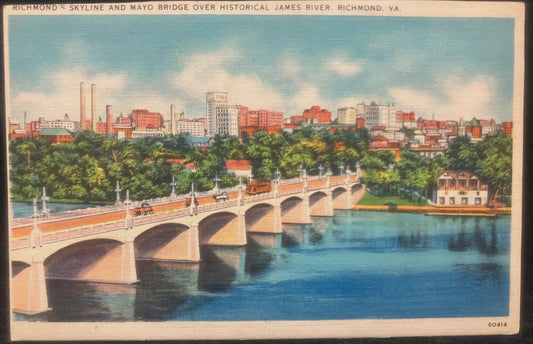 Richmond’s Skyline and Mayo Bridge over Historical James River, Richmond, Virigina - Vintage Bridge Postcard