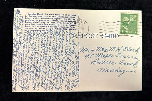 Cochise Head - Chiricahua National Monument - Arizona - 1950s Linen Postcard