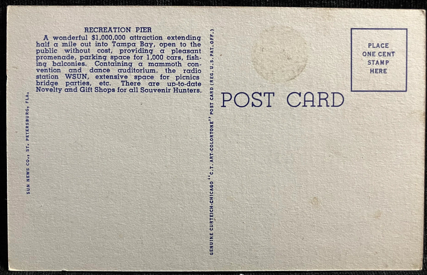 Recreation Pier in Tampa Bay, Florida - Vintage Seaside Postcard