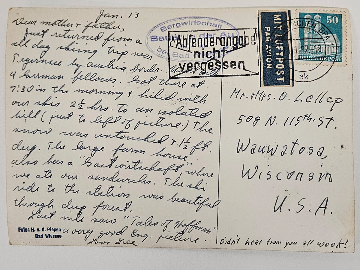 Vintage postcard with handwritten text and postage stamp, addressed to a U.S. recipient.