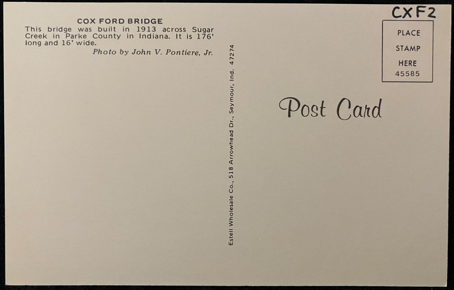 Cox Ford Bridge in Parke County Indiana - Photo by John V. Pontiere Jr. - Vintage Covered Bridge Postcard
