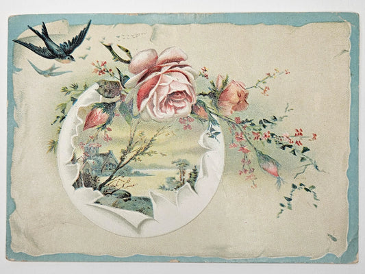 Vintage trade card with flowers, birds, and a decorative border on a textured background.