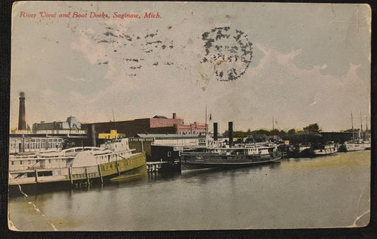 River View and Boat Docks, Saginaw, Michigan - Vintage Nature Postcard