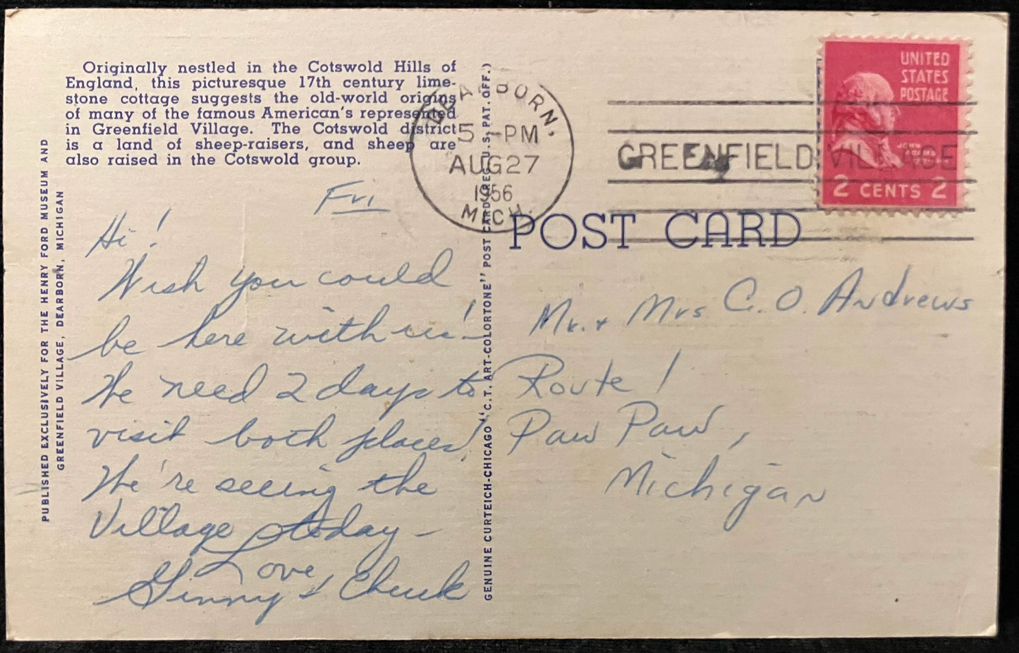 Rose Cottage, Greenfield Village, Dearborn, Michigan - Vintage Postcard