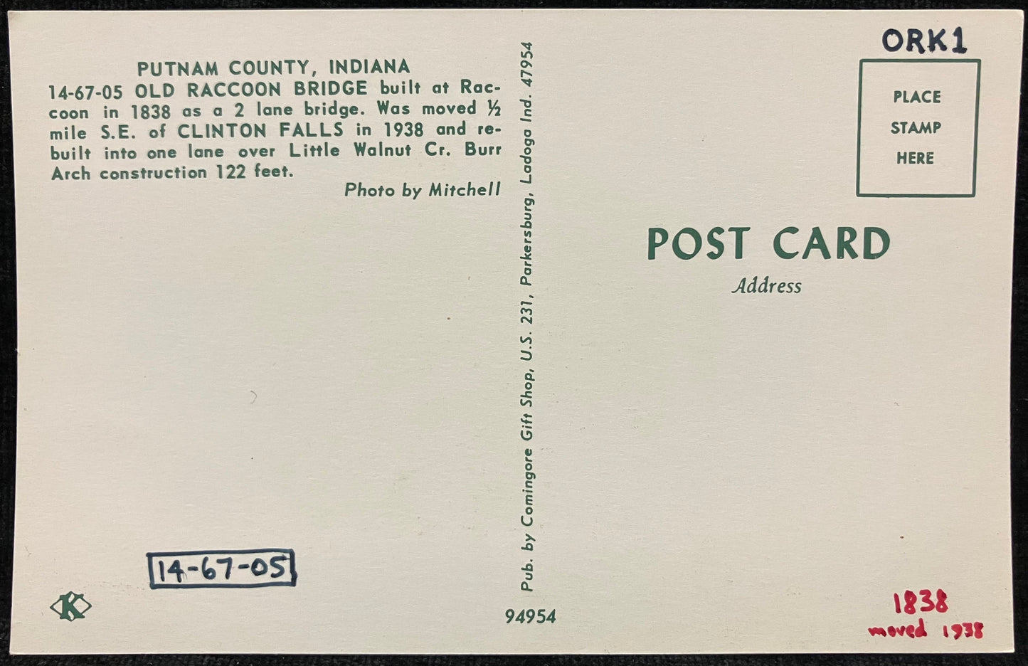 Old Raccoon Bridge in Putnam County, Indiana - Photo: Mitchell - Vintage Covered Bridge Postcard