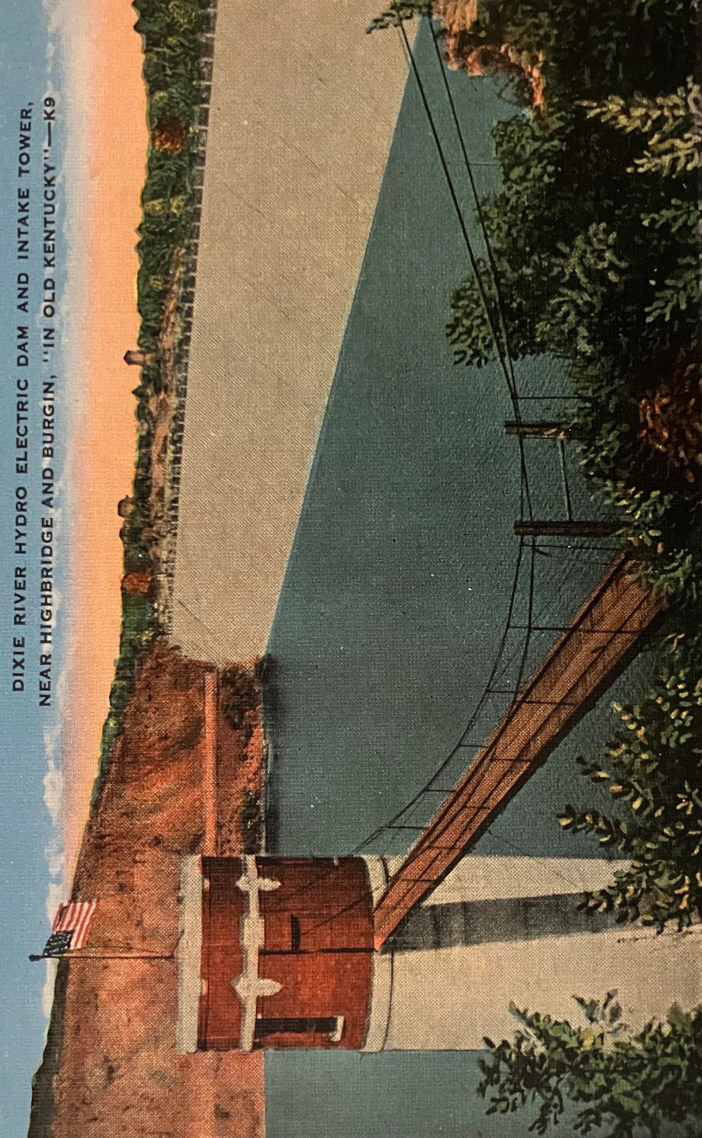 Dixie River Hydro Electric Dam - Intake Tower - Near Highbridge and Burgin - "In Old Kentucky" - 1940s Linen Postcard