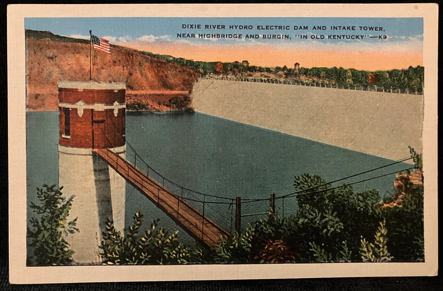 Dixie River Hydro Electric Dam - Intake Tower - Near Highbridge and Burgin - "In Old Kentucky" - 1940s Linen Postcard