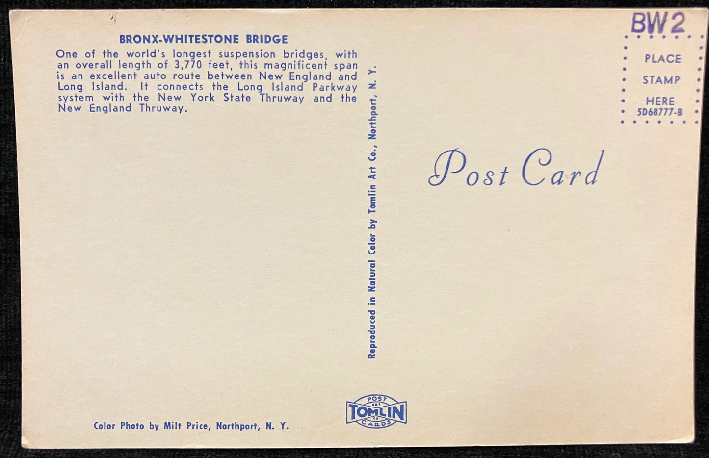 Bronx-Whitestone Bridge in New York - Photo by Milt Price - Vintage NYC Bridge Postcard