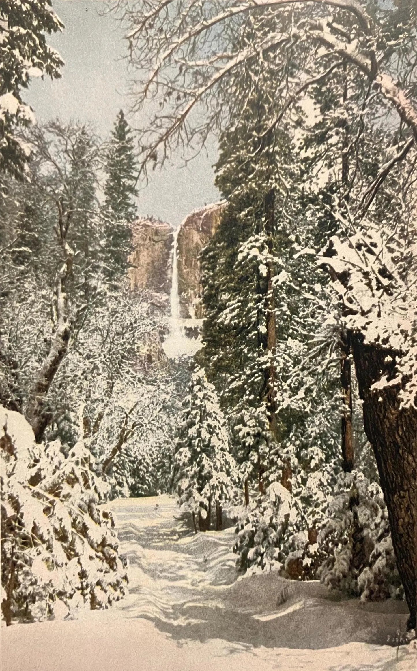 Upper Yosemite Falls in Winter, Yosemite Valley, California - Ice Cone at Base 500 Feet - Vintage 1920s Postcard