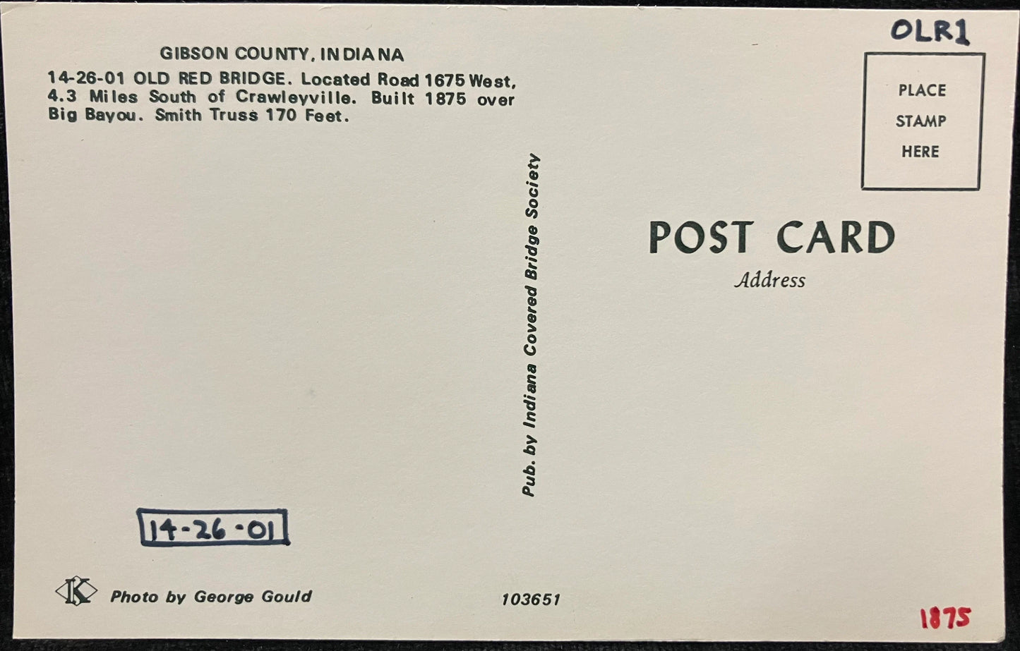 Old Red Bridge - Gibson County, Indiana - Photo: George Gould - Vintage Covered Bridge Postcard