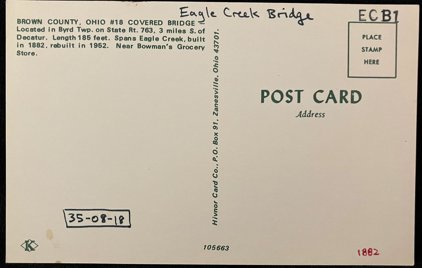 Covered Bridge in Brown County, Ohio - Eagle Creek Bridge - Vintage Covered Bridge Postcard