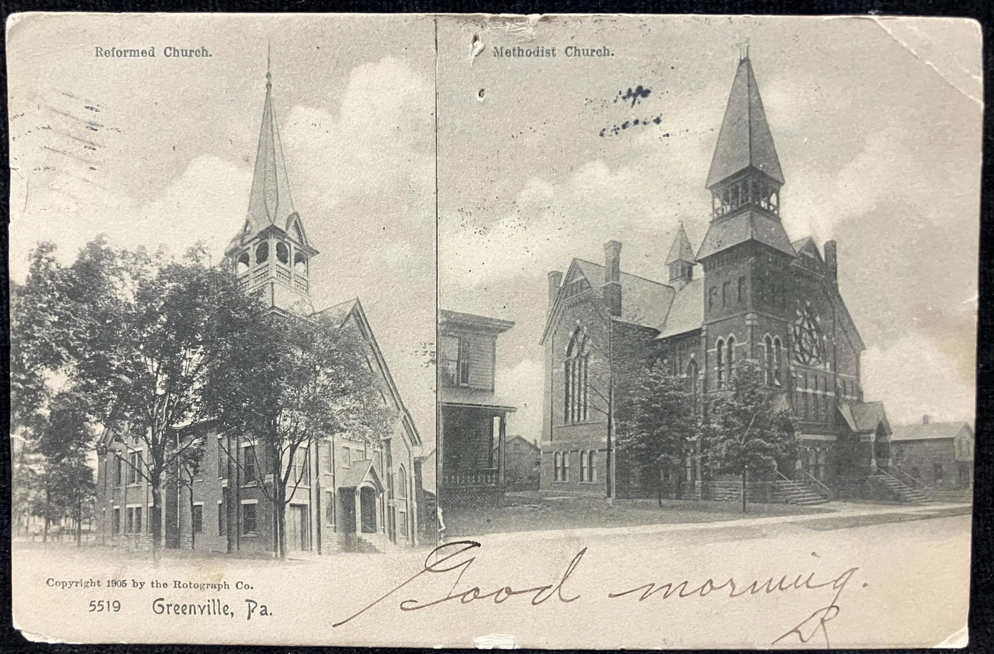 Greenville, Pennsylvania. Reformed Church and Methodist Church - Copyright 1905 by the Rotograph Co. - Very early address only backside Postcard