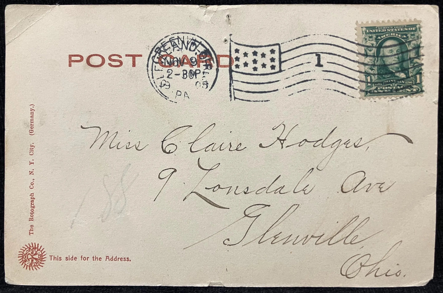 Greenville, Pennsylvania. Reformed Church and Methodist Church - Copyright 1905 by the Rotograph Co. - Very early address only backside Postcard