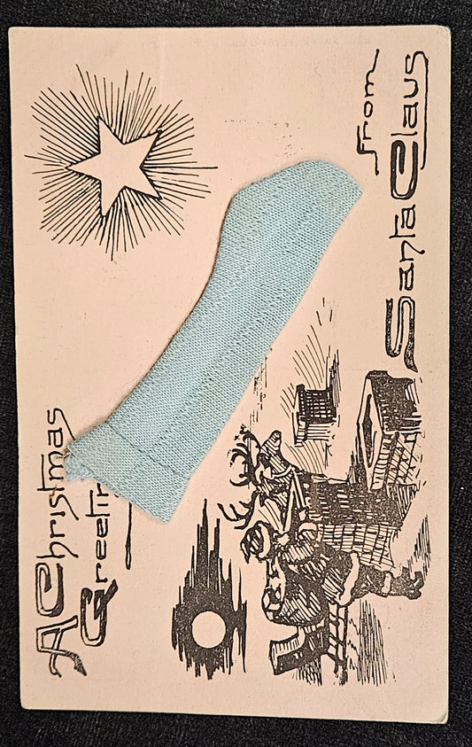Vintage-style Christmas card with Santa Claus illustration and a blue sock on a dark background