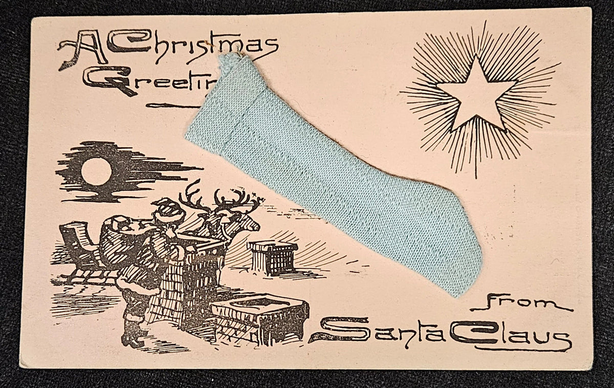 Vintage-style Christmas card with Santa Claus illustration and a blue sock on a dark background