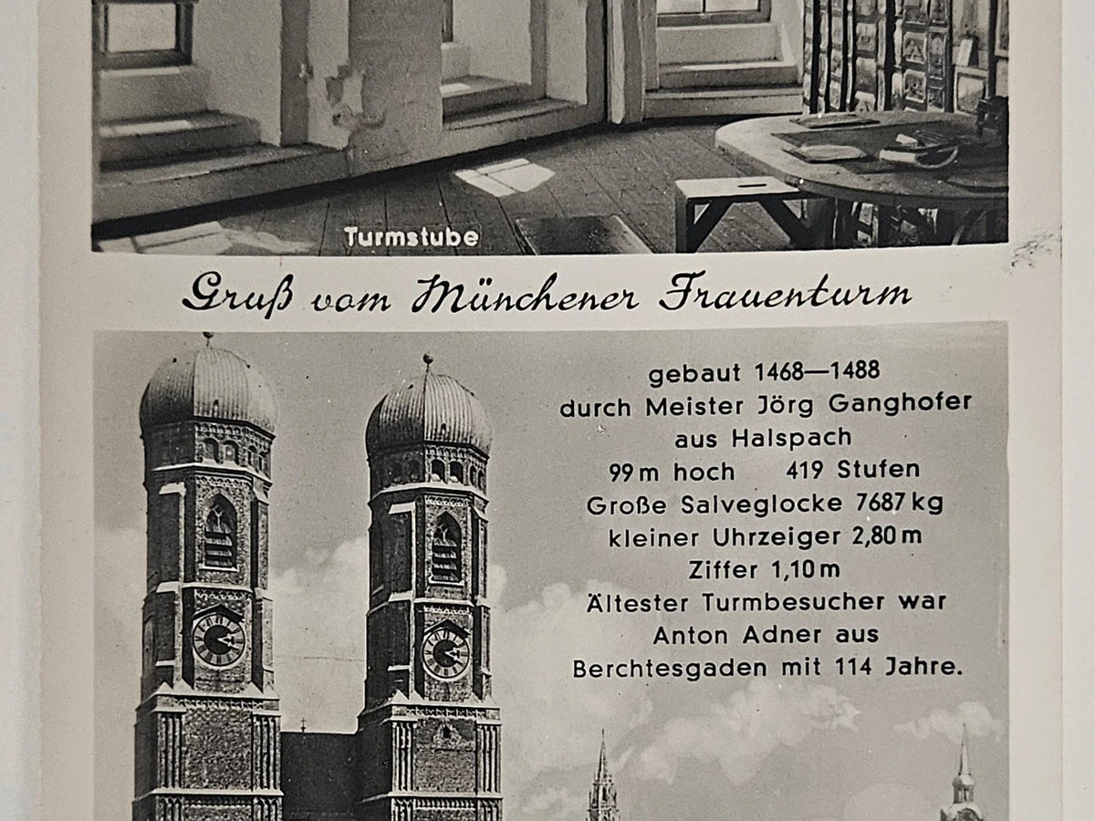 Vintage postcard with text and black and white photograph of a tower, featuring architectural details.
