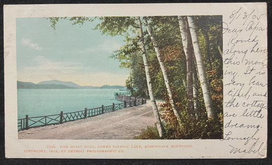 Pine Hurst Road, Lower Saran Lake, Adirondack Mountains - Copyright, 1902, by Detroit Photographic Co. - Vintage Postcard