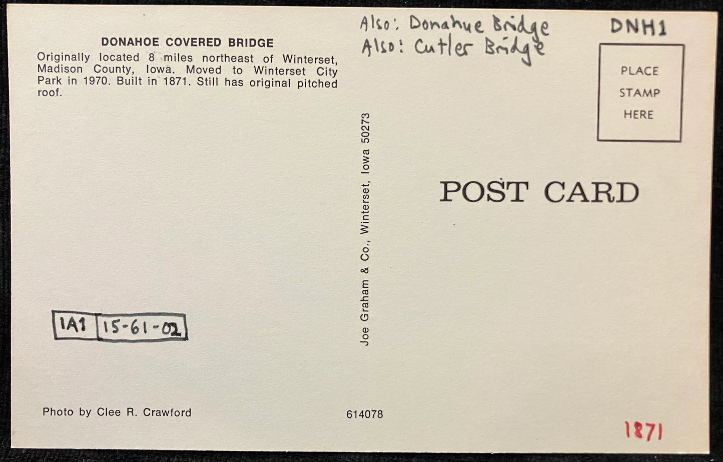 Donahoe Covered Bridge - Winterset, Iowa - Photo: Clee R. Crawford - Vintage Covered Bridge Postcard