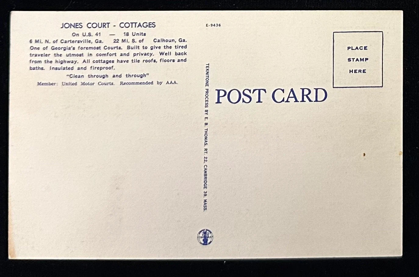 Jones Tourist Court on U.S. 41 - Cartersville, Georgia- Vintage Postcard