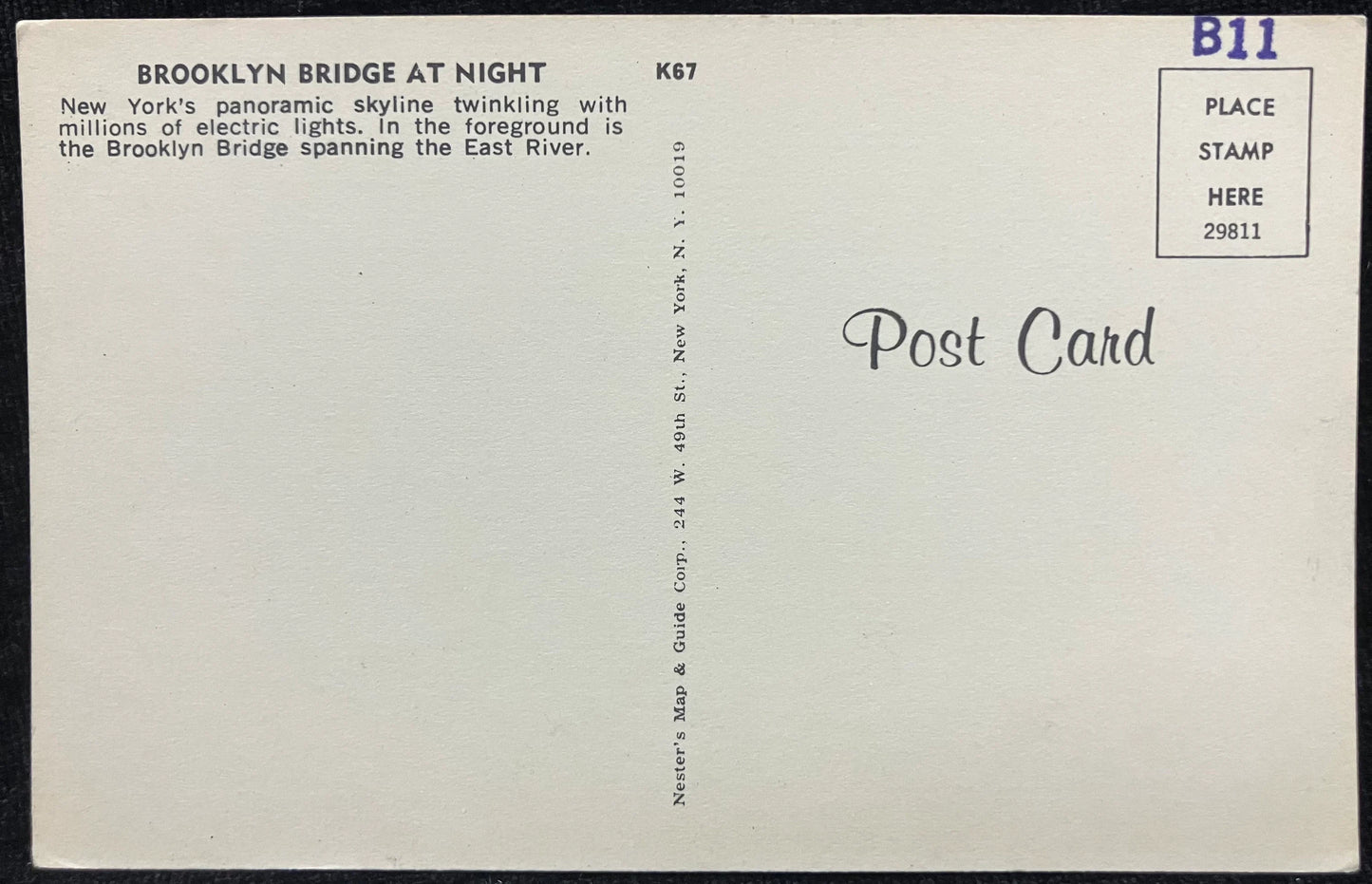 Brooklyn Bridge at Night over the East River - New York - Vintage New York Bridge Postcard