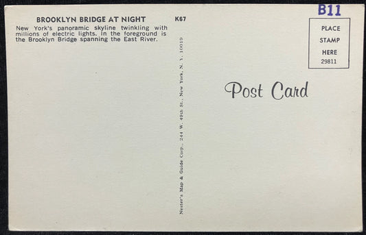 Brooklyn Bridge at Night over the East River - New York - Vintage New York Bridge Postcard