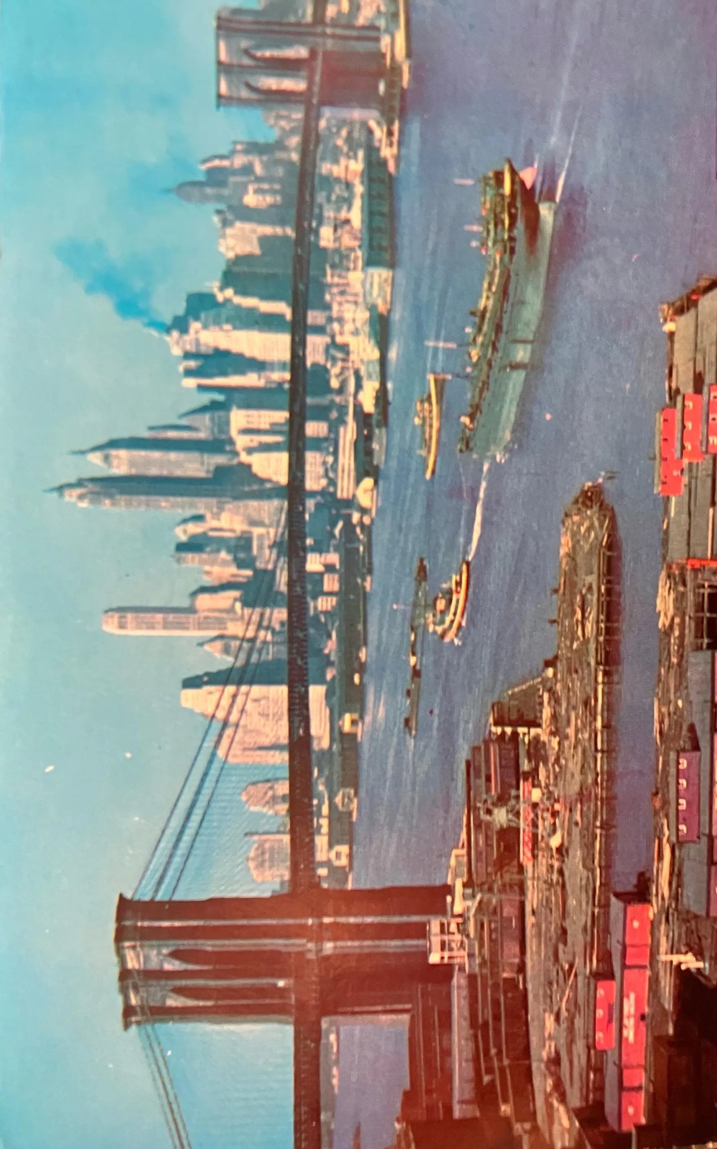 Brooklyn Bridge, East River and Lower Manhattan Skylin1e in 1970s- New York - Vintage Brooklyn Bridge Postcard - Shipping on the East River