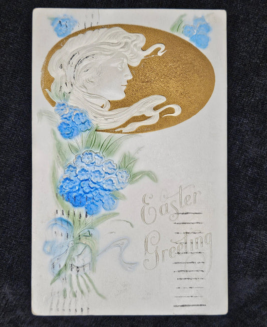 Vintage greeting card with floral design and text on a dark background