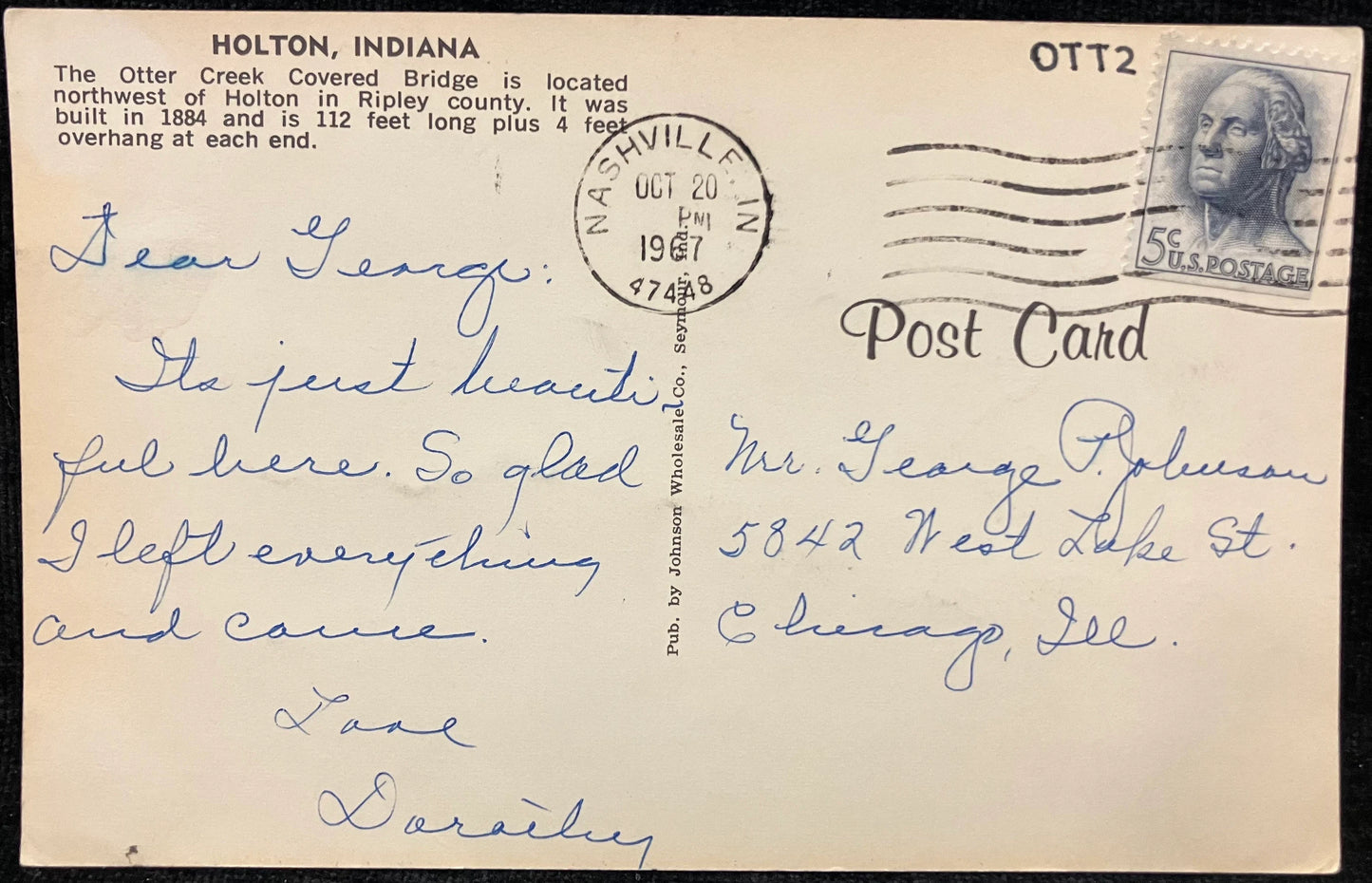 Otter Creek Covered Bridge in Holton, Indiana - Vintage Covered Bridge Postcard