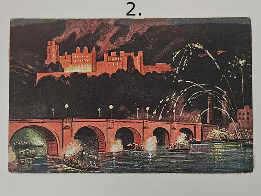 Vintage-style illustration of a cityscape with a bridge and fireworks over a castle.