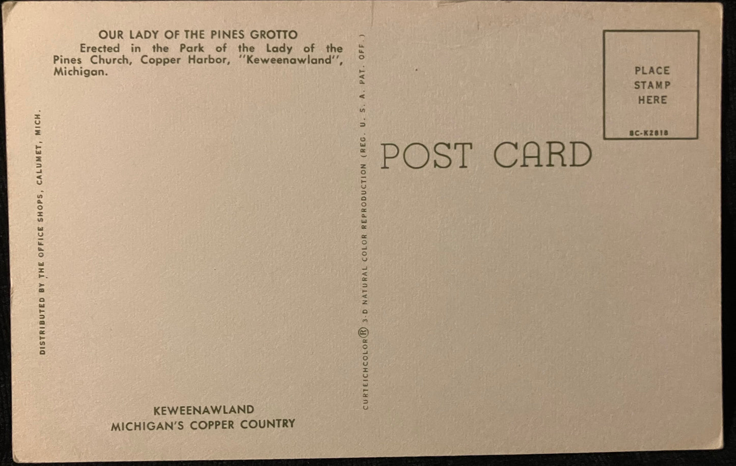 Our Lady of the Pines Grotto at the Park of the Lady of the Pines Church in Copper Harbor, Michigan - Vintage Church Postcard