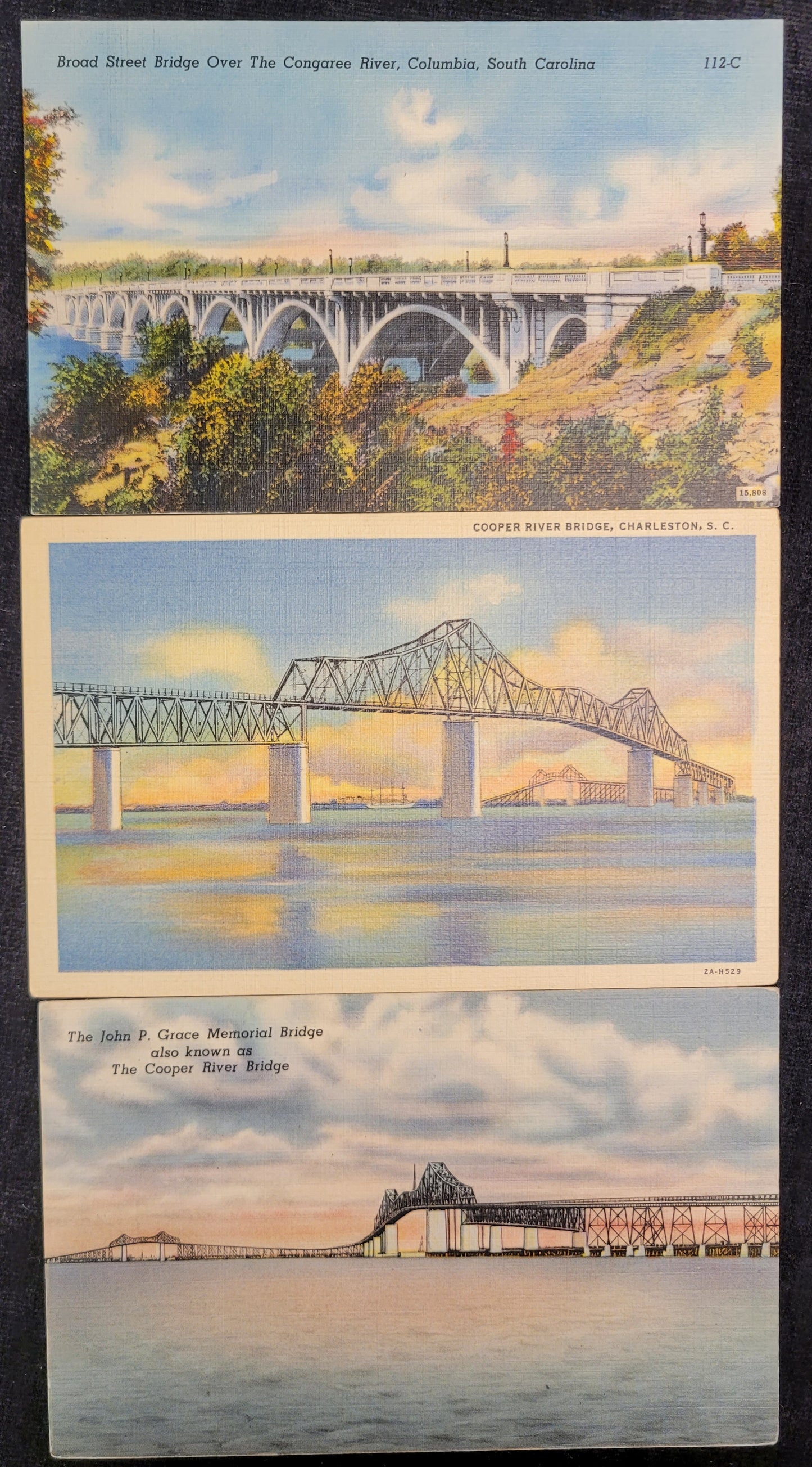 South Carolina Bridges - Broad Street Bridge over Congaree, The Cooper River Bridge, John P. Grace Bridge - Bundle of 3 Cards