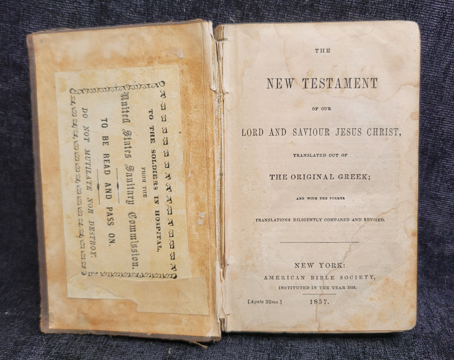 Civil War Era Pocket Bible - United States Sanitary Commision - 1857