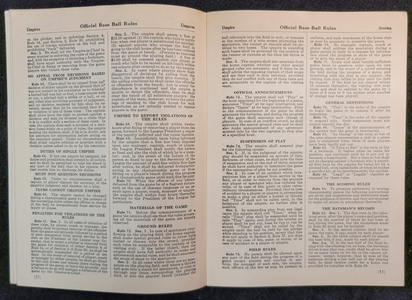 Goldsmith & Sons - Official Baseball Rules -1928