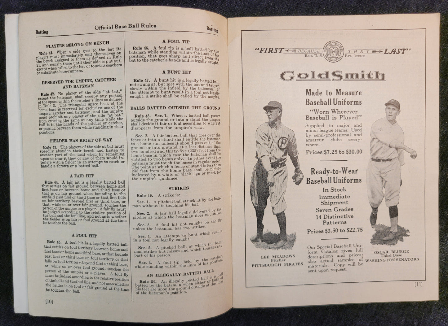 Goldsmith & Sons - Official Baseball Rules -1926 **Two In Stock!!**