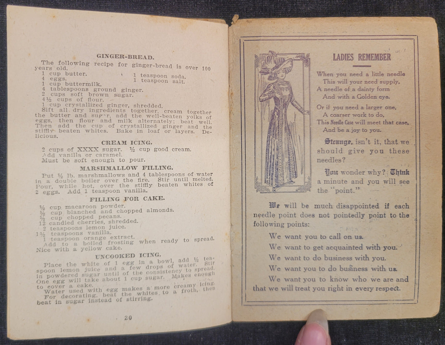 Hanson's Grocery Recipe Book w/ Sewing Needles- St. Charles, Illinois : "Baking Lessons By International Cook Book Association" - 1913 Promotional Booklet