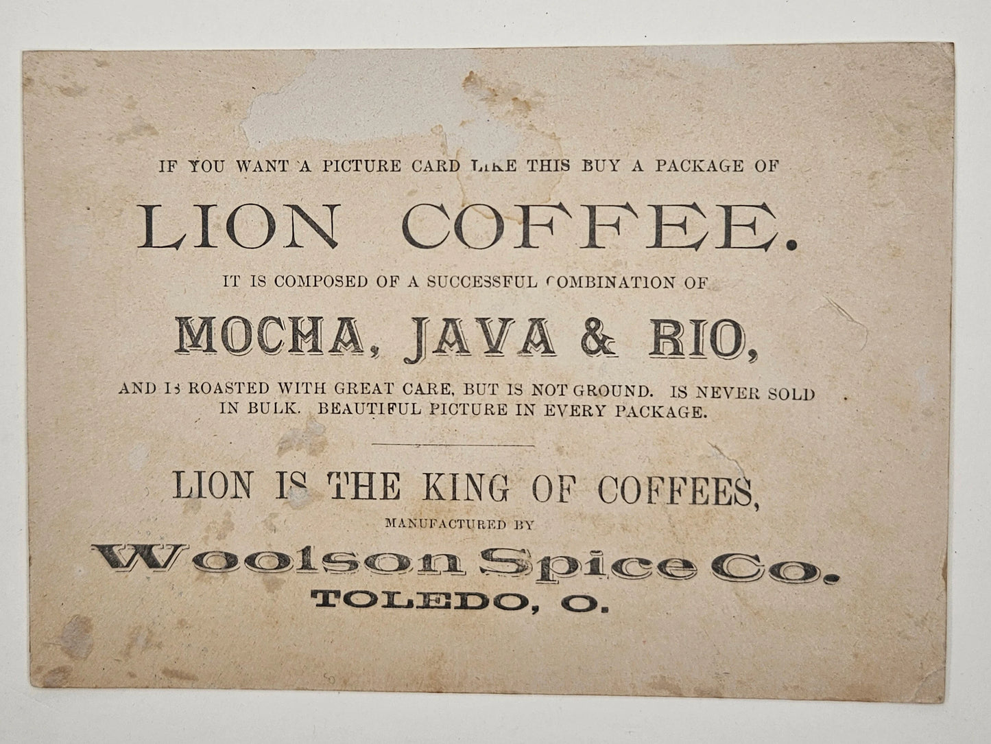 Trade Card for Lion Coffee Woolson Spice Co. Toledo, Ohio - Blue Flowers common in 1900