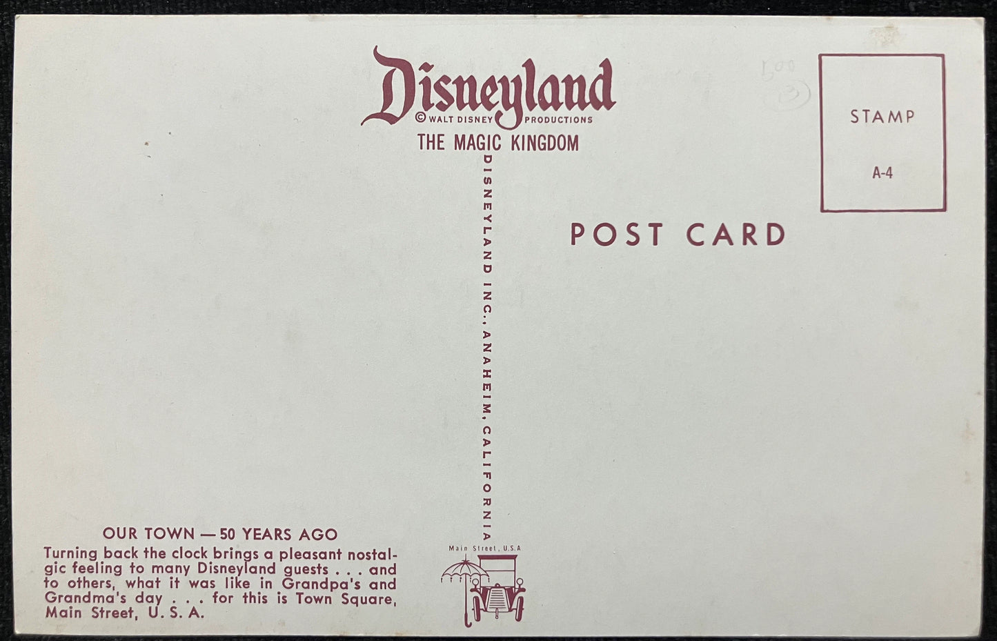 Our Town 50 Years Ago - Disneyland Magic Kingdom - Vintage Disneyland Postcard