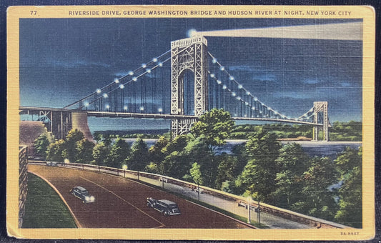 Riverside Drive, George Washington Bridge and Hudson River at Night, New York City - Vintage Postcard