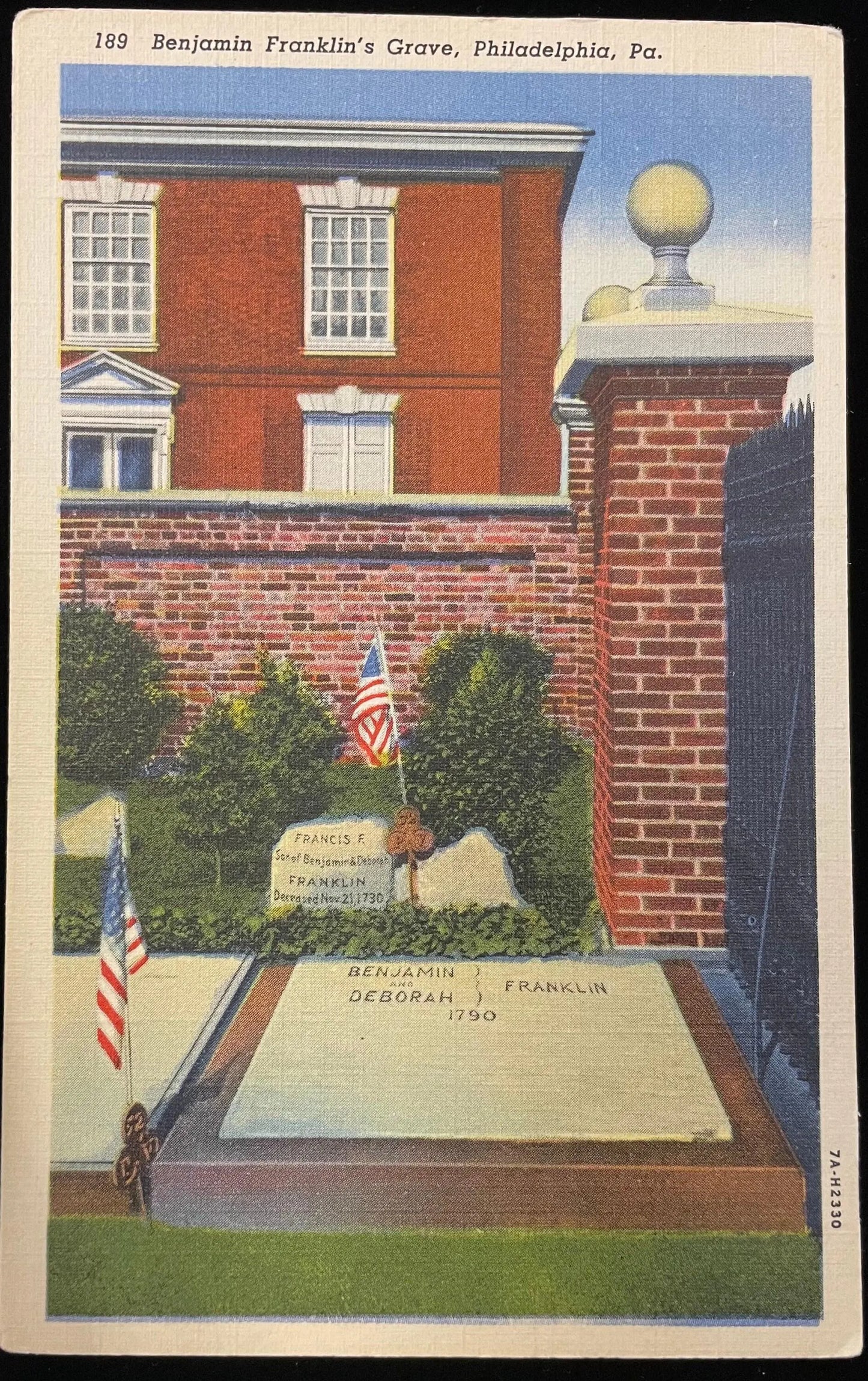 Benjamin Franklin's Grave, Christ Church Cemetery, Philadelphia, Pennsylvania - Vintage Ben Franklin Postcard
