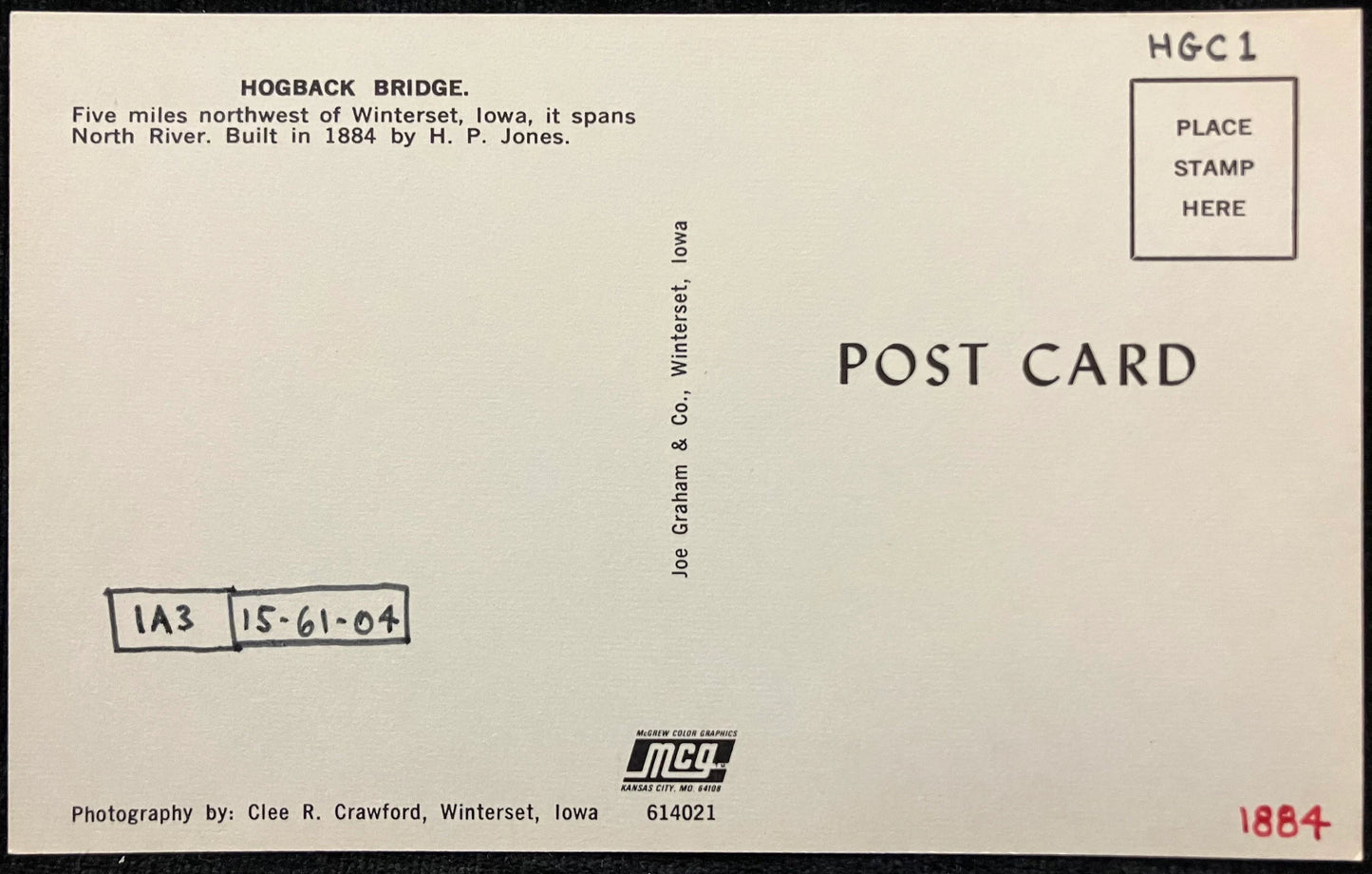 Hogback Bridge - Winterset, Iowa - Photo: Clee R. Crawford - Vintage Covered Bridge Postcard