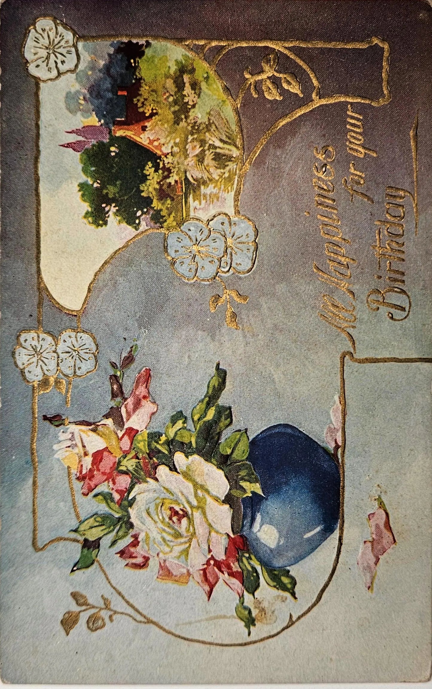 Vintage-style birthday card with floral designs and decorative elements.