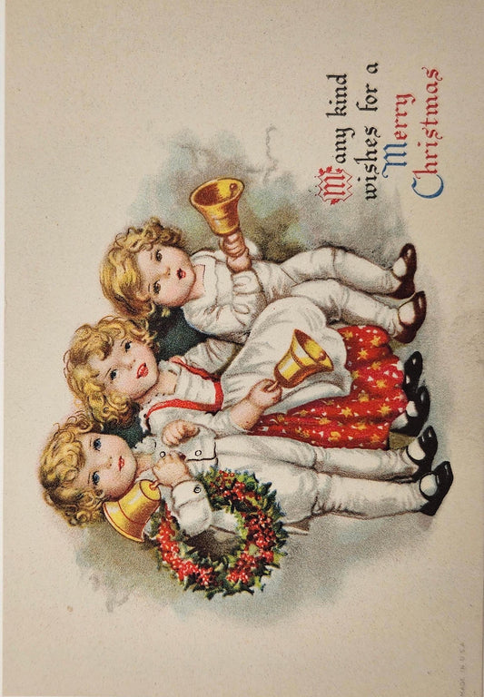 Three Blonde Children With Bells And Wreath- 1928 Christmas Vintage Postcard