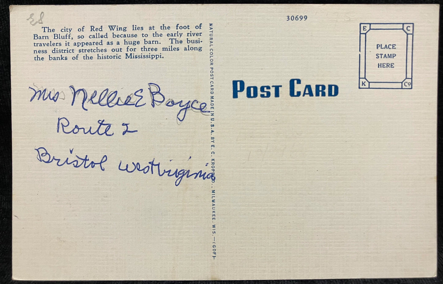 Overlooking Red Wing, Minnesota From Barn Bluff - Vintage Postcard