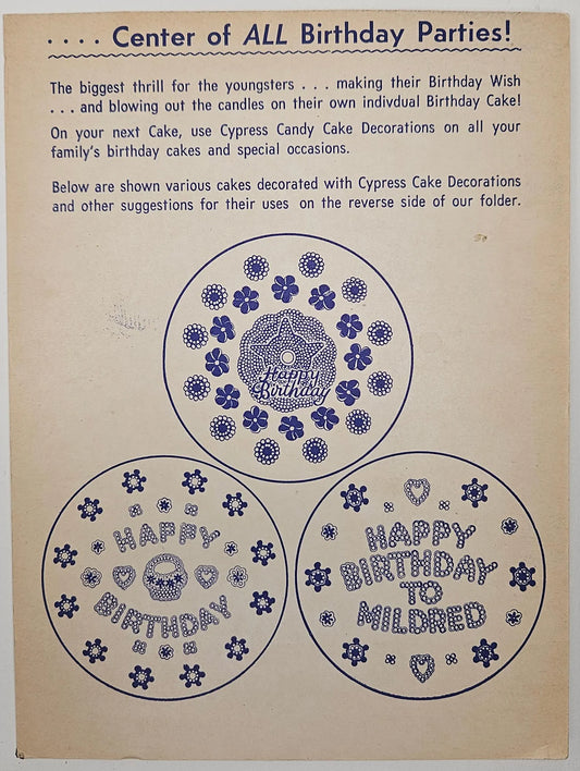 Cypress Novelty Corp. Birthday Party Trade Card Ad. Brooklyn 8, New York