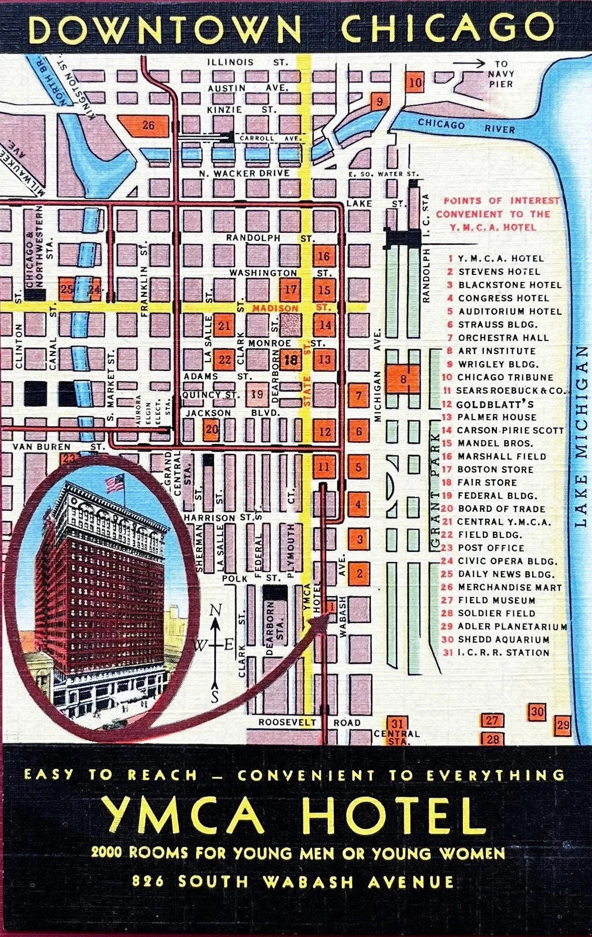 Downtown of Chicago Map to YMCA Hotel - Illinois - 1943 Linen Postcard