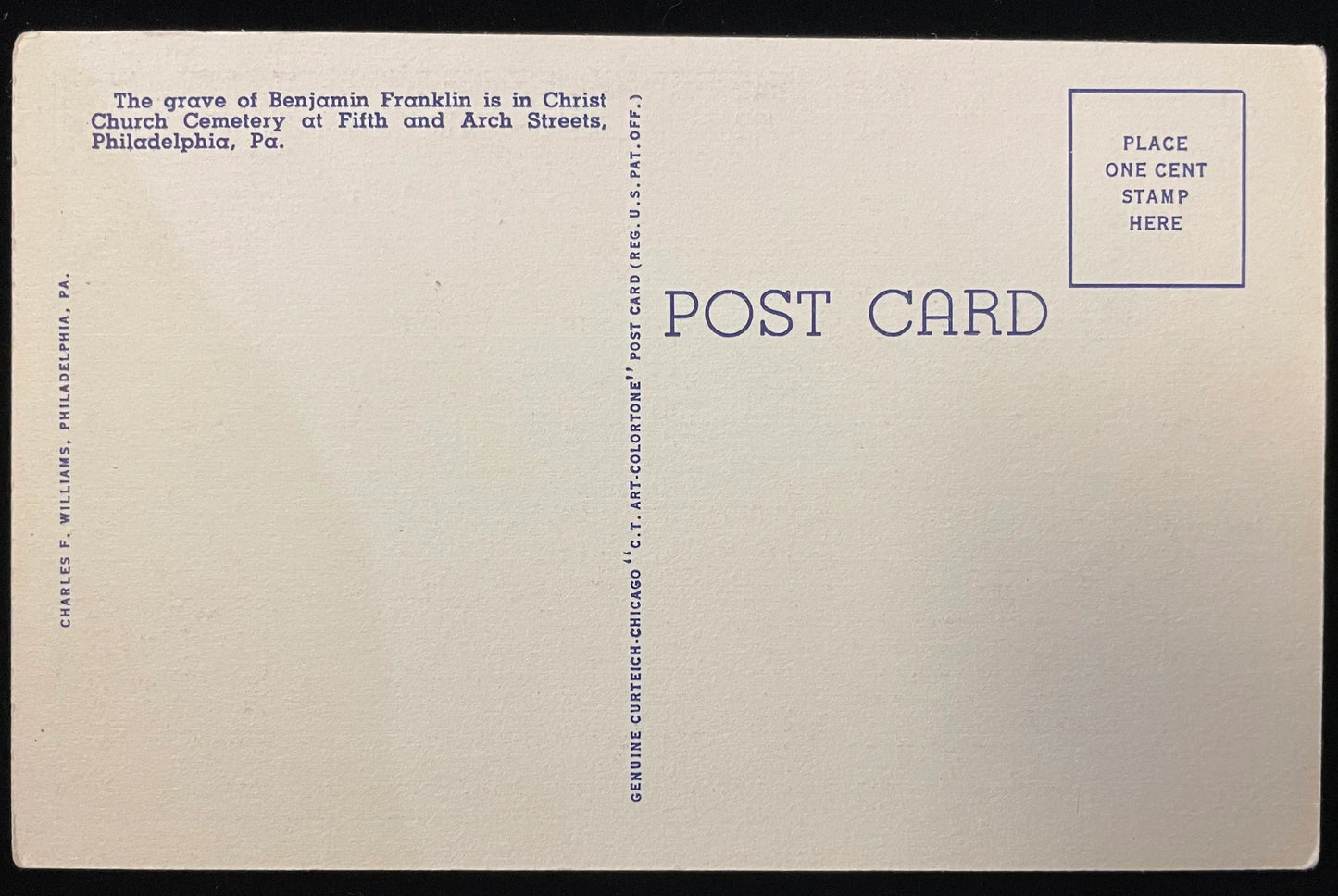 Benjamin Franklin's Grave, Christ Church Cemetery, Philadelphia, Pennsylvania - Vintage Ben Franklin Postcard